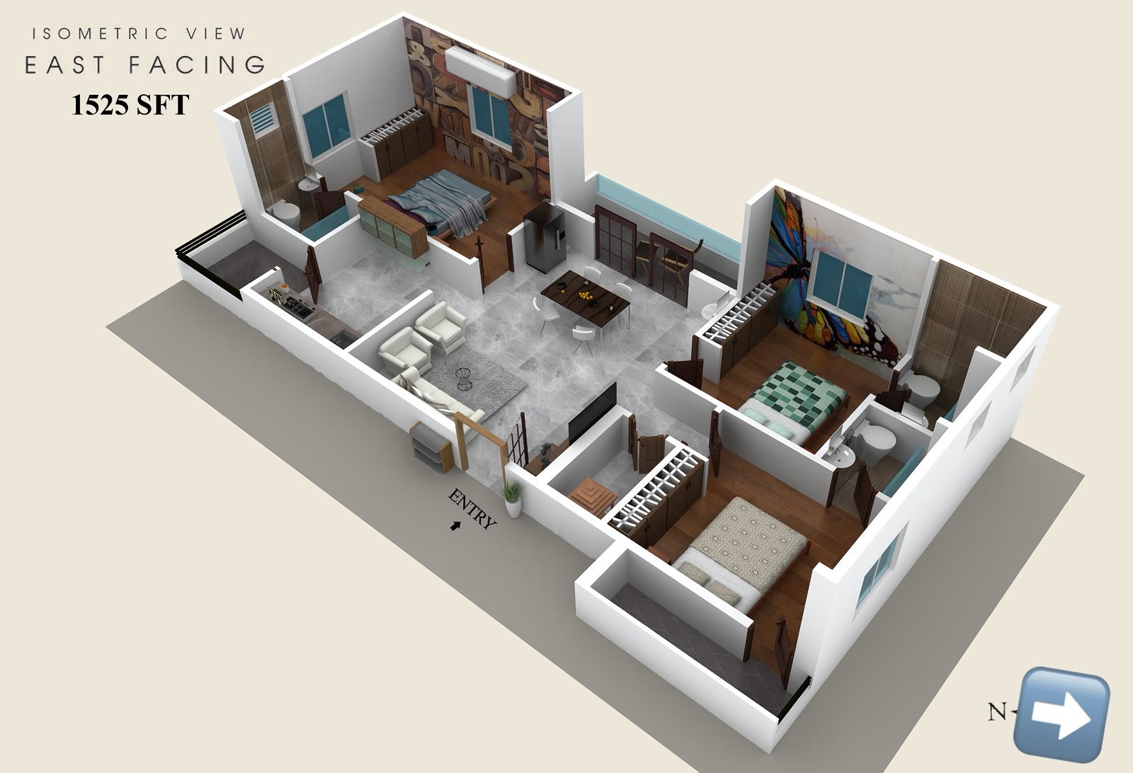 East facing 3BHK isometric floor plan, 1525 sft