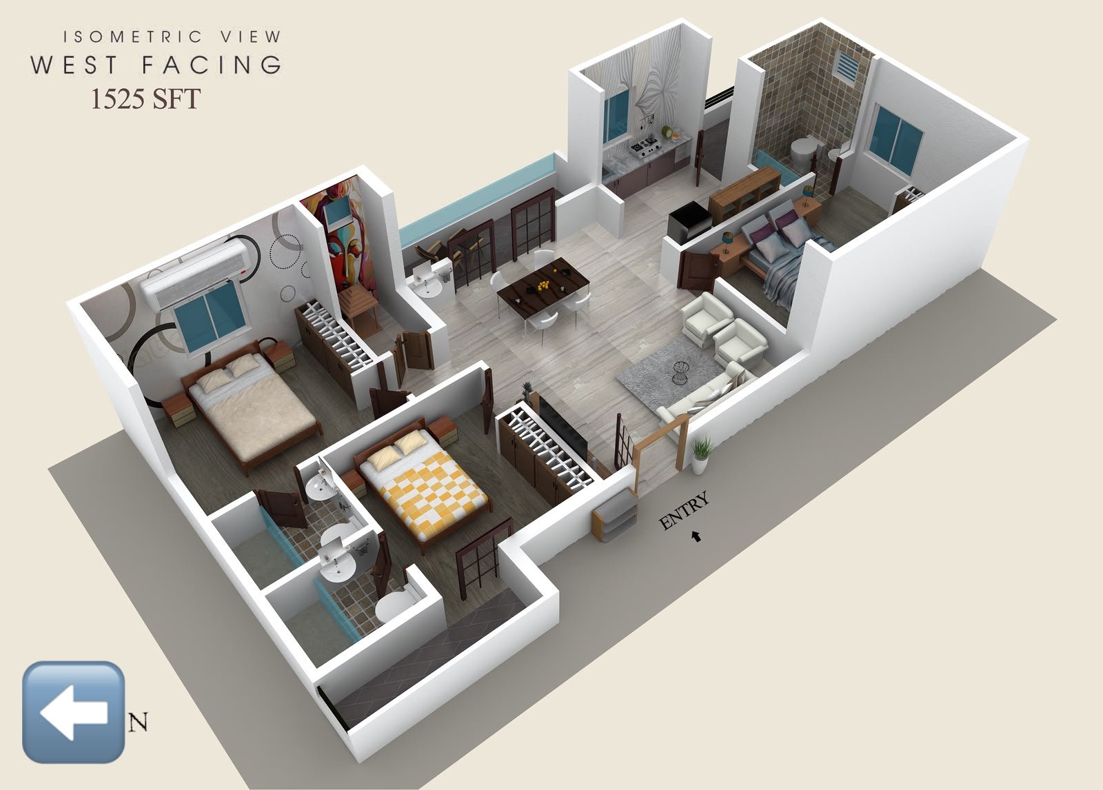 West facing 3BHK isometric floor plan, 1525 sft